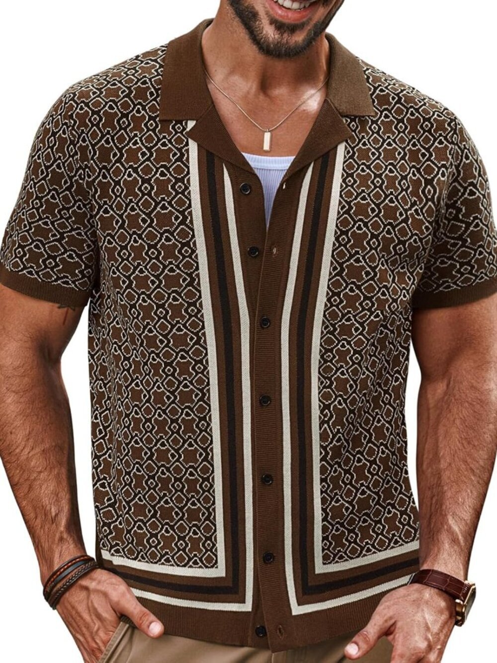 Men's Coffee Vintage Cuban Collar Knit Polo Shirt Button Down Shirt
